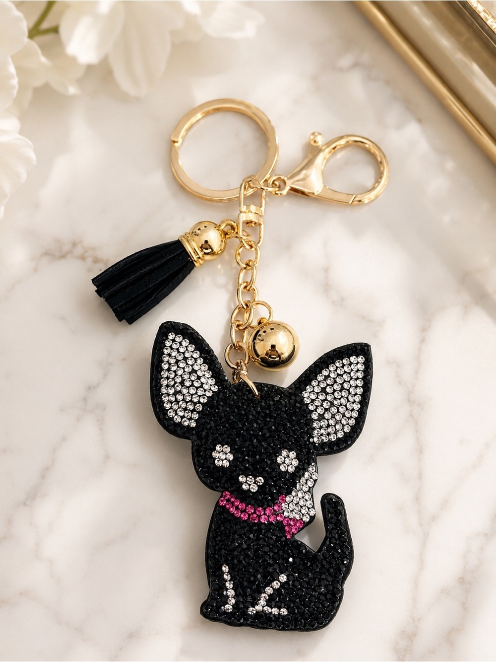 Black Rhinestone Chihuahua Dog Bag Charm Keychain Pink Collar Tassel Purse charm